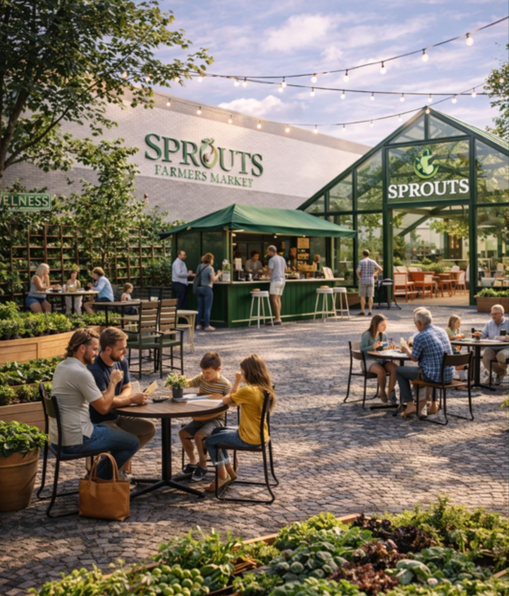 Concept rendering of a Sprouts greenhouse café and patio with families seated at tables beside raised garden beds